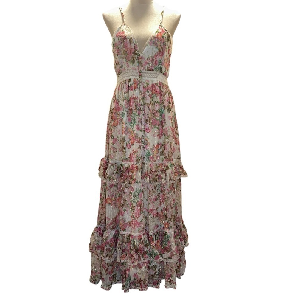 Rococo Sand Vie Pink Cream Tiered Chiffon Ruffled Maxi Dress Large L - Picture 5 of 16